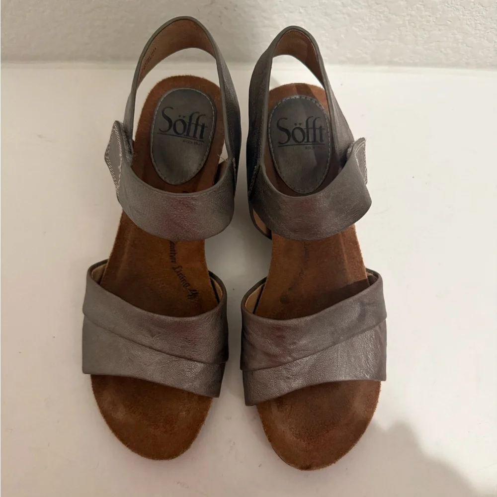 Sofft Verina Wedges Sandals Steel Pewter Silver Metallic Leather Size 6.5